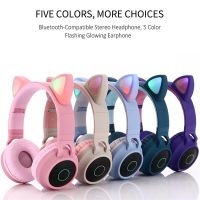 Cute Cat Ear Headset LED Wireless Bluetooth-Compatible Headphones with Mic Glowing Earphones for Children Gifts daughters girls Over The Ear Headphone