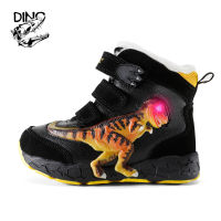 DINO LED T-Rex 3-6Y เด็กเด็กฤดูหนาวหิมะรองเท้าเด็กน้อย Light Up หนังกันน้ำ Warm Plush 2023ใหม่กระพริบ Boots