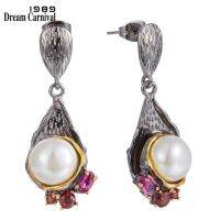 Dreamcarnival1989 Elegant Pearl Drop ต่างหูสำหรับผู้หญิงเดทต้องมี Fuchsia Dazzling Zircon Love ครบรอบเครื่องประดับ WE3986