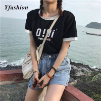 Yfashion เสื้อเสื้อยืดพิมพ์ภาพลายตัวอักษรสำหรับเสื้อเชิ้ตหลวมติดกระดุมผู้หญิงแขนสั้นเสื้อคอกลมลำลองฤดูร้อนมีสินค้าในสต็อก