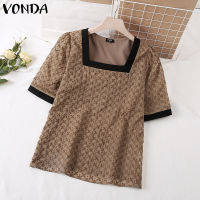 เสื้อทรงหลวมเย็บตกแต่งลายดอกไม้สตรี VONDA เสื้อปลายแขนบานคอสี่เหลี่ยมพักผ่อนหรูหรา (ลำลองเกาหลี) #2