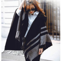 High quality women winter scarf fashion striped black beige ponchos and capes hooded thick warm shawls scarves femme outwear