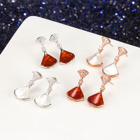 S925 Sterling Silver Small Skirt Stud Earrings Seiko Womens Fan-Shaped White Shell Red Agate Earrings