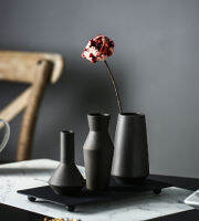 4pcslot New Creative Metal Magnetic Ceramic Vase Set Nodic minimalist Vases with Plate Set Grey Pottery Flower Pot Set