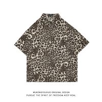 American retro leopard print short-sleeved shirt mens and womens trendy brand loose bf style niche shirt jacket 【BYUE】