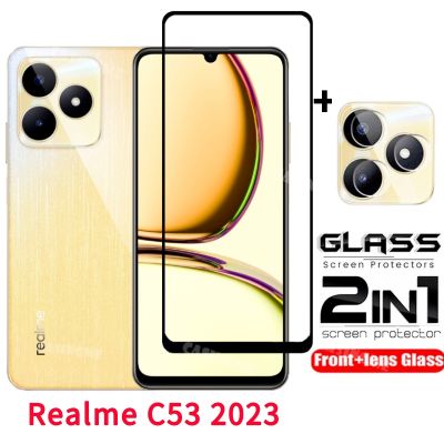หน้าจอ2in1ฟิล์มกันรอยสำหรับ C55 C53 Realme โปร่งใสโทรศัพท์ปกป้องหน้าจอสำหรับ Realme C53 RealmeC53 C55 C 53 55 53C 2023 4G 5G กระจกเทมเปอร์เลนส์กล้องถ่ายรูป