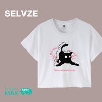 เสื้อยืดลำลองขาสั้นพิมพ์ลายแมวตลกฉบับภาษาเกาหลี SELVZE สำหรับผู้หญิง