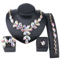 Fashion AB Gem Crystal Choker Necklace For Woman Statement Necklaces Earring Bracelet Ring Collar Boho Jewelry Sets