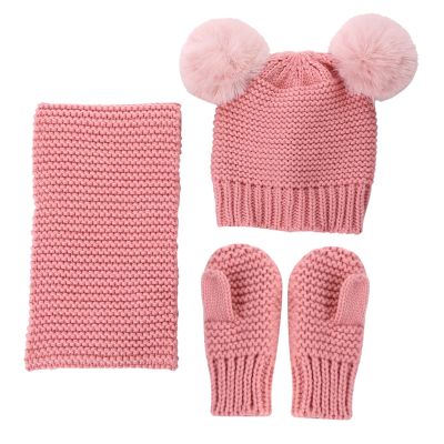 Baby Kids Winter Hat Scarf and Gloves 3pcsSet Girls Knitted Warm Beanie Cap with Neckerchief Circle Loop Scarf Crochet Hat
