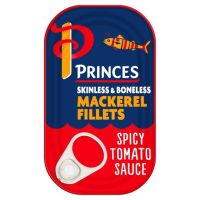 Import Foods? Princes Mackerel Fillets in spicy tomato sauce 125g  ปริ๊นท์ ปลาแมคเคอเรลไร้หนังไร้ก้างในน้ำซอสมะเขือเทศเผ็ด 125 กรัม