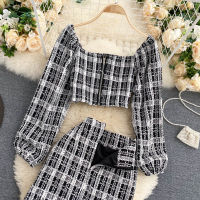 Ladies Autumn and Winter Retro Tweed Square Neck Long Sleeve Short Shirt + High Waist Skirts Women Two Piece Sets N782