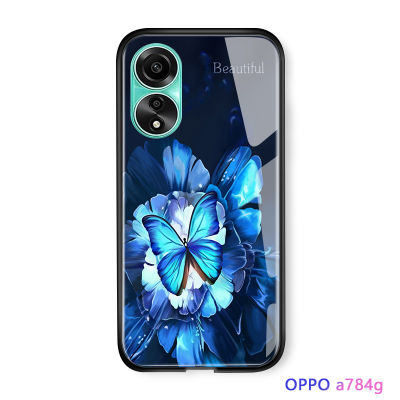 GGK เคสสำหรับ OPPO A78 4G นิ่มขอบนิ่มพิมพ์ลายดอกไม้ผีเสื้อไล่ระดับสีเคสแข็งด้านหลังกระจกเทมเปอร์กันกระแทก