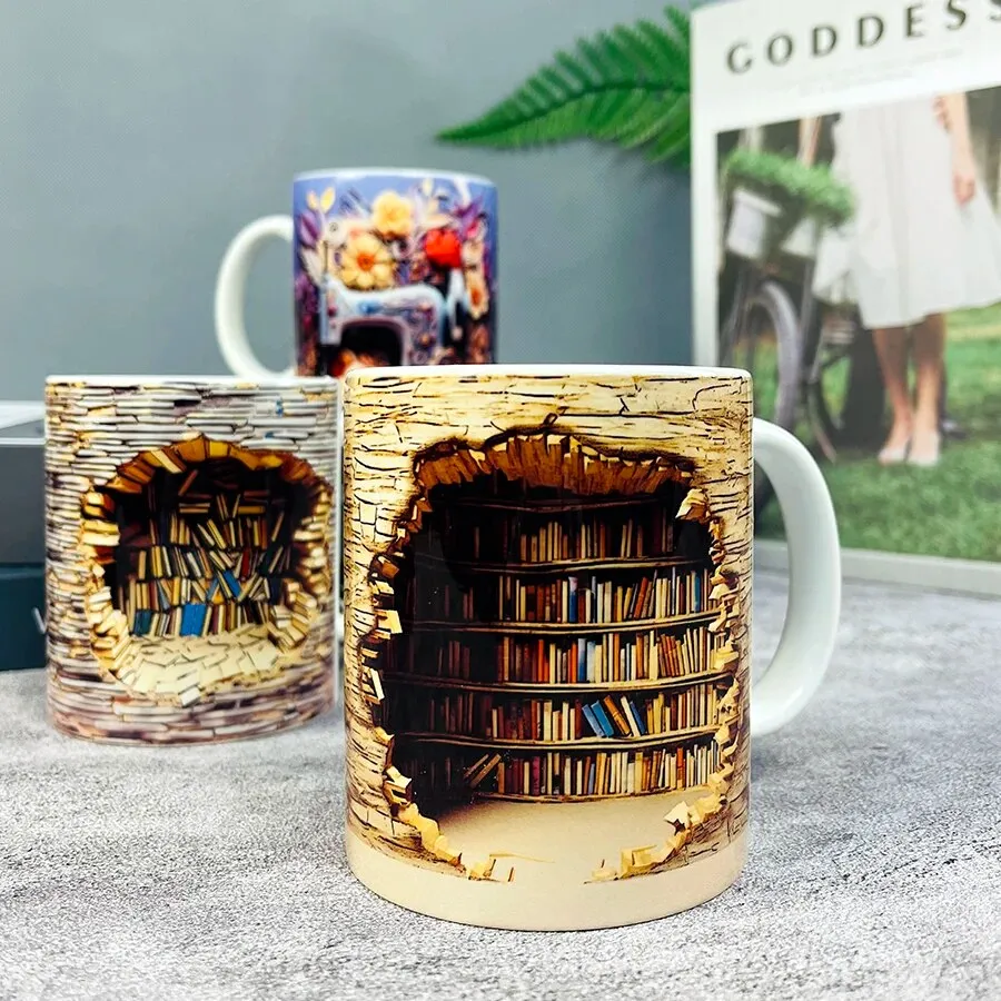 Creative 3D Bookshelves Hole In A Wall Mug Layer Mug Coffee Cup Tea Cup  Multi-Purpose Mug Gift For Readers Christmas Gifts