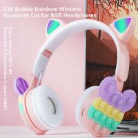 New Cartoon Bubble Rainbow Decompression Wireless Bluetooth Cat Ear RGB Headset with mic Childrens headphones support TF card Over The Ear Headphones