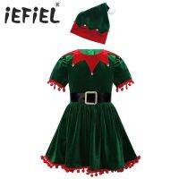 （HOT）เด็กผู้หญิง Elf ชุดคริสต์มาส Santa Claus Ruffled แขน Patchwork พู่ Tutu ชุดหมวกเข็มขัดสำหรับแฟนซีปาร์ตี้แต่งตัว