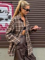 Womens Khaki Vintage Contrast Plaid Shirt Lady Loose Turn-Down Collar Long Sleeve Blouse Female Casual Oversized Street Wea