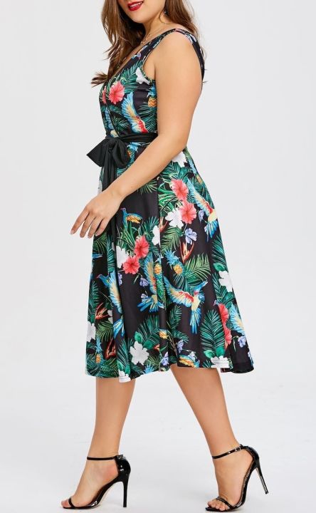 cod-and-summer-printed-plus-size-european-foreign-trade-womens-sleeveless-temperament-dress-with-belt