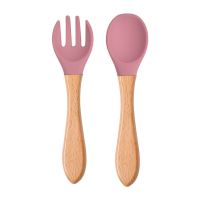 2pcs Food Grade Silicone Tips for Baby Training Spoon Fork with Wooden Handle Feeding Tableware Set Bowl Fork Spoon Sets