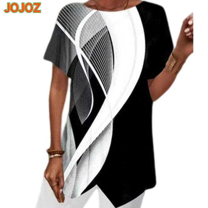 jojoz-เสื้อยืดผู้หญิงขนาดใหญ่พิเศษเสื้อสวมหัวทรงหลวมลำลองพิมพ์ลายเรขาคณิตฤดูร้อนแขนสั้นเสื้อดีไซน์ใหม่