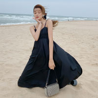 LV ชุดเดรสเปิดหลังผู้หญิงกระโปรงชายหาดฤดูร้อนชุดสายเดี่ยวเล็กๆชุดสีดำยาวสายเดี่ยวสีดำเซ็กซี่สุดๆ