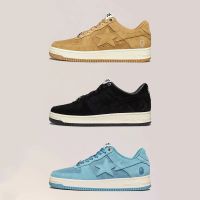 BAPESTA รองเท้าสเก็ตบอร์ดธรรมดาหนังกลับสีดำ,รองเท้าสตรีทดาวตกที่มีสไตล์เข้ากับทุกชุดเทรนด์รองเท้าผ้าใบหนัง