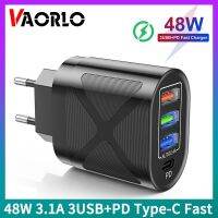 VAORLO 48W 3.1A 3.1A 3USB + PD Type-C ที่ชาร์จความเร็วสูง4พอร์ตสายชาร์จ EU /Us/ ปลั๊กอะแดปเตอร์ประเทศอังกฤษ USB USB USB-C ชาร์จ5V/3.1A สูงสุดอย่างรวดเร็ว