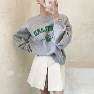 Korean Oversized Hoodies Chic Round Neck Letter Printed Loose Long Sleeve Sweater Crimped High Waist PU Leather Pants Skirt