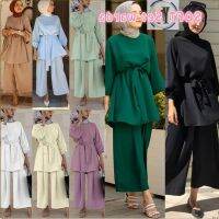 COD DSGERTRYTYIIO ❤️Set of 2pc❤️Set warda wanita 2020 New Muslim solid color lace-up slim Womens Suit pants fashion ABAYA muslim wear WARDEENA DINI SUIT plus size (dress pants)M-4XL