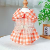 1PC Pet Clothing Dog Spring/Summer Orange Plaid Mesh Lapel Bowtie Princess Dress For Small Medium Dogs Dresses