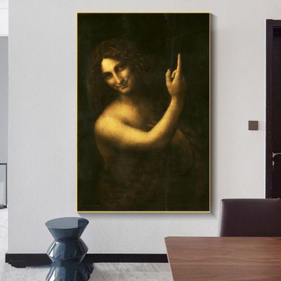 Saint John the Baptist ภาพวาดผ้าใบบนโปสเตอร์และพิมพ์ Leonardo da Vinci คลาสสิกที่มีชื่อเสียงภาพ