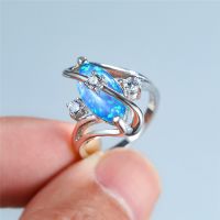 Vintage Female Blue Opal Stone Ring Classic Silver Color Thin Wedding Rings For Women Trendy Round Crystal Engagement Ring