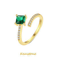 Kemstone S925เงินสเตอร์ลิงชุบทองเงิน Faux Emerald Square คริสตัล Zircon เปิดแหวนข้อมือปรับได้สำหรับผู้หญิงเครื่องประดับ Gift