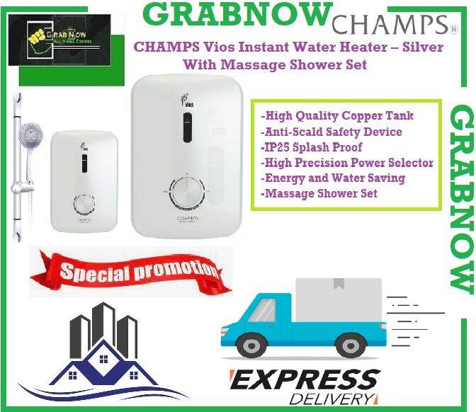 CHAMPS Vios Instant Water Heater Silver With Massage Shower Set (Anti