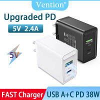 Vention พอร์ตคู่ USB A + C (18W/20W) USB สำรับการบิน Tipe C PD Pengisi Daya Cepat untuk USB Pengisi Dcepat dengan QC 4.0 3.0 USB Pengisi Daya SEL Portabel