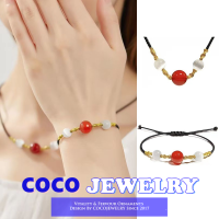 COCOJEWELRY Acacia Bean เลียนแบบอาเกตสีแดงสร้อยคอสร้อยข้อมือคู่ทอมือเชือกโอนลูกปัดกระดูกไหปลาร้าโซ่