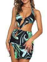 Women 39;s Halter Bodycon Mini Dress Sleeveless Abstract Print Metal Ring Front Split Club Dress