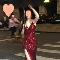 Evening dresses female temperament of banquet of luxury niche chic annual red strap dress sexy open fork