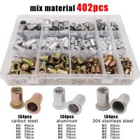 1 กล่อง 70/205/402pcs M3 M4 M5 M6 M8 304 A2-70 สแตนเลสเหล็กคาร์บอนอลูมิเนียม FLAT HEAD Rivet NUT Rivnut ชุดชุด Assortment-cijiha