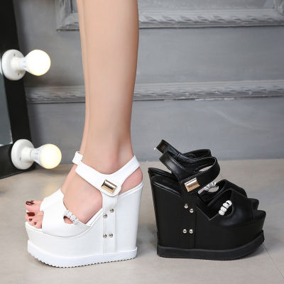 New and Fashion Womens PU High Heel Wedge Sandals Ladys Peep Toe Platform Wedge Sandals Casual Diamond Summer Shoes
