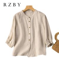 Linen Cotton Puff Sleeve Summer Shirts Women Blouse Ladies Loose Vintage Tops Half Sleeve Female Clothing Casual 2023 RZBY469