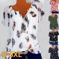 ✕◇۩  Women Feather Print Loose Blouse Tops Summer V Neck Short Sleeve Tops 5 Color Oversized S-5XL XBL-T222