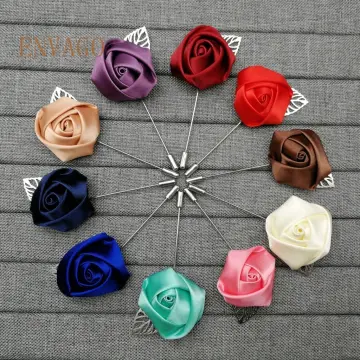 Men's Suit Rose Flower Brooches Pins Canvas Fabric Ribbon Tie