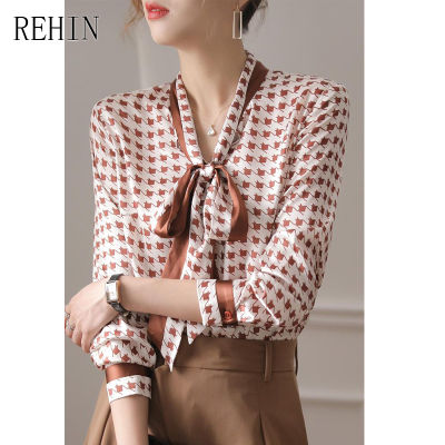 REHIN เสื้อเชิ้ตแขนยาวสำหรับผู้หญิง,เสื้อเบลาส์ผ้าไหมโบว์ริบบิ้นลายสก๊อตระบายอากาศได้ดีสำหรับผู้หญิงปี2022