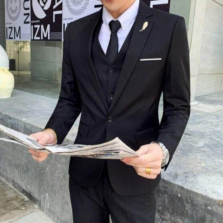 Groom Wedding Dress Slim Men Grid Suit 3-piece Clothes Banquet Ball Tuxedo