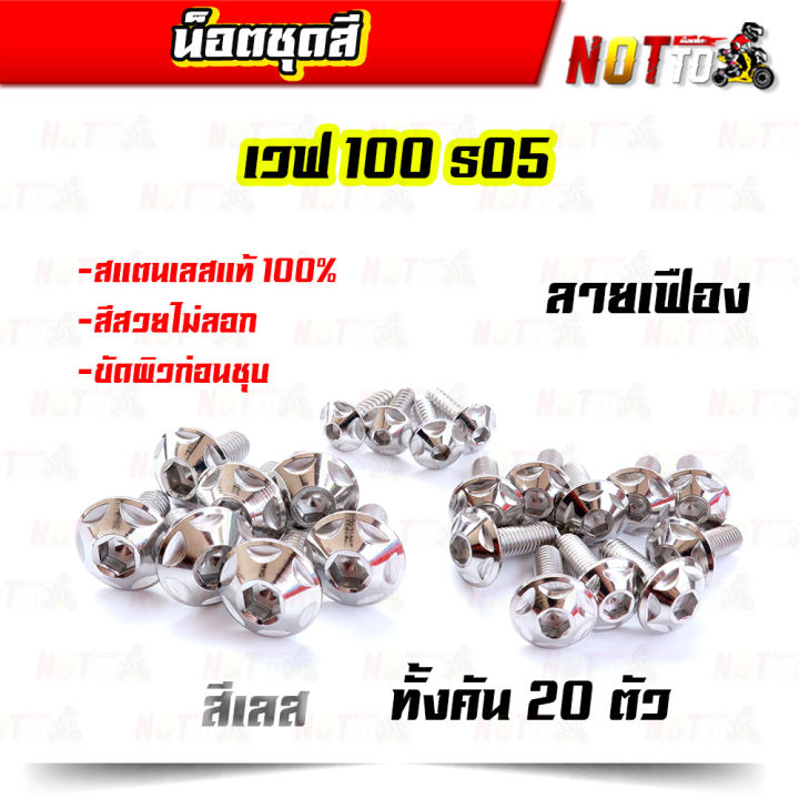 น็อตชุดสี-เวฟ100s05-ทั้งคัน-ลายเฟือง-สีเลท-ไทเท-ทอง-สีสวยไม่ลอก-เลสแท้-100