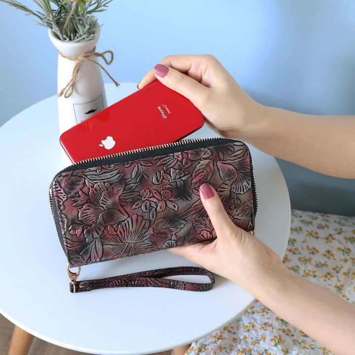 กระเป๋าสตางค์ผู้หญิงสไตล์จีนใหม่คลัตช์เอนกประสงค์วินเทจกระเป๋าใส่โทรศัพท์แบบยาว