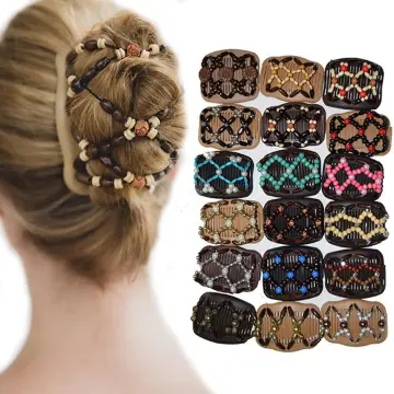 Women's Easy Magic Beads Double Hair Grip Clip Comb Stretchy