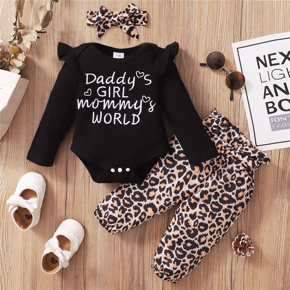 Newborn Baby Girls Clothes Daddy Saying Top Printed T-Shirt Leopard Pants+Headband Sweatshirt Outfit Set 
