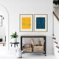 Mid Century Modern Abstract หญิง Modern Line ภาพวาดผ้าใบ Nordic บทคัดย่อโปสเตอร์ห้องนอน Wall Art Decor สีเหลือง Blue Navy