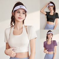 ใหม่✨พร้อมส่ง❄️(YOGA-637) เสื้อออกกำลังกายผู้หญิง เสื้อครอปโยคะแขนสั้น เสื้อบราแขนสั้น แบบ 2 ชั้น